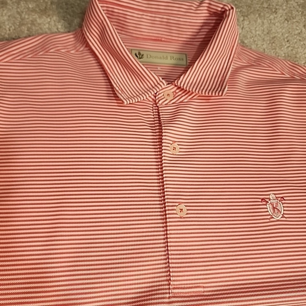 Donald Ross Polo Shirt Mens XL Salmon Pink White Micro Stripe Performance Golf
